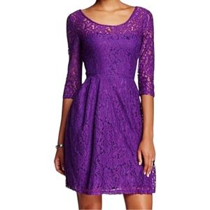 Betsey Johnson NWT Purple‎ Lace Overlay Fit and Flare 3/4 Sleeve Dress   Sz 8
